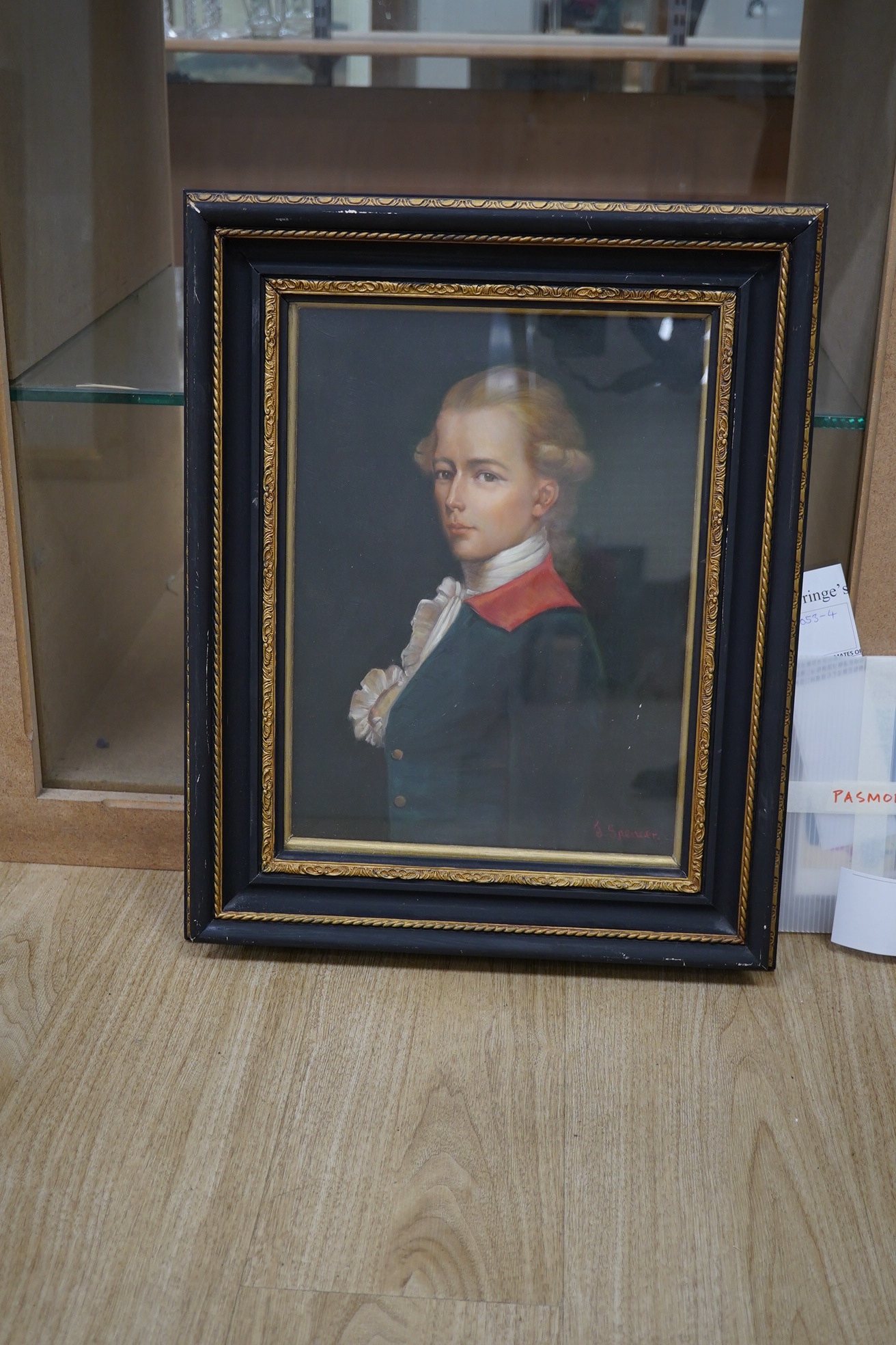 J Spencer, oil on board, Portrait of a gentleman wearing 18th century dress, 38 x 28cm, housed in an ornate ebonised and gilt frame. Condition - good